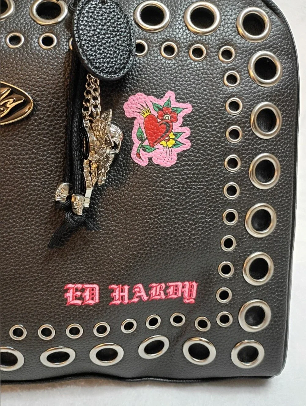 Ed Hardy Black Skull & Rose Eyelet Satchel